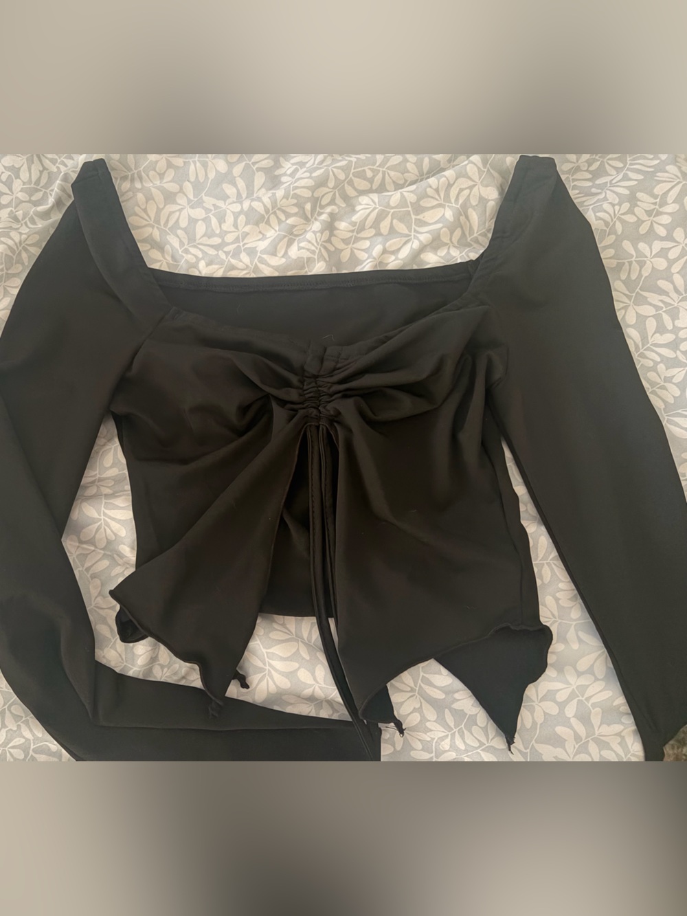 Black Drawstring Front Long Sleeve Top